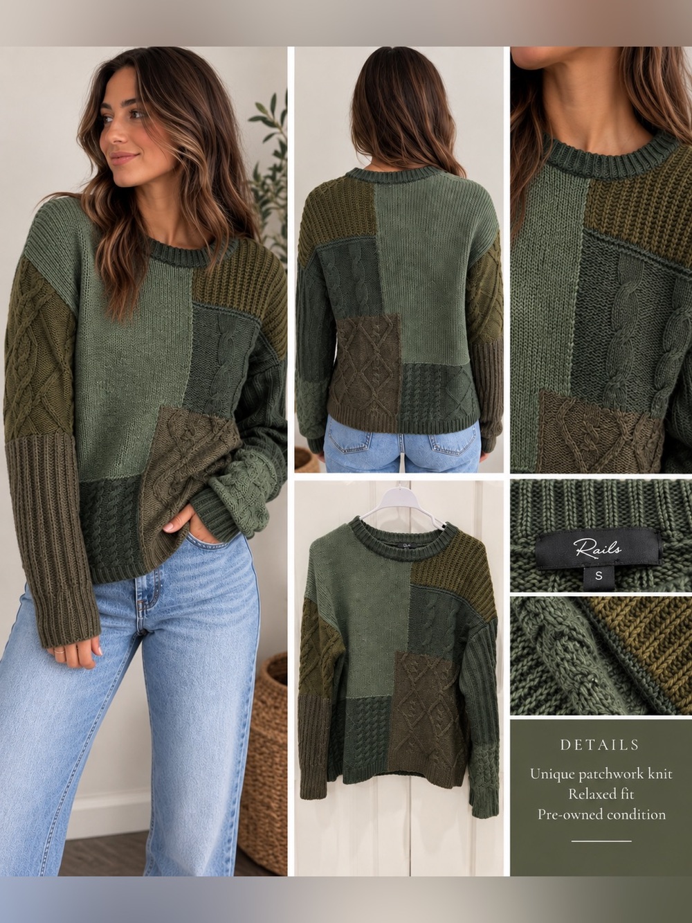Rails Women’s Patchwork Crewneck Sweater in Olive and Brown